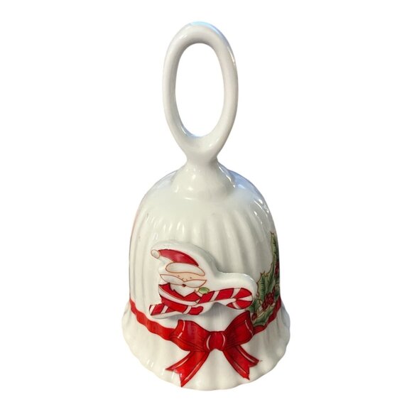 Vintage 1980s Ceramic Christmas Bell – Santa with Candy Cane & Holly – Made in T - Picture 1 of 6